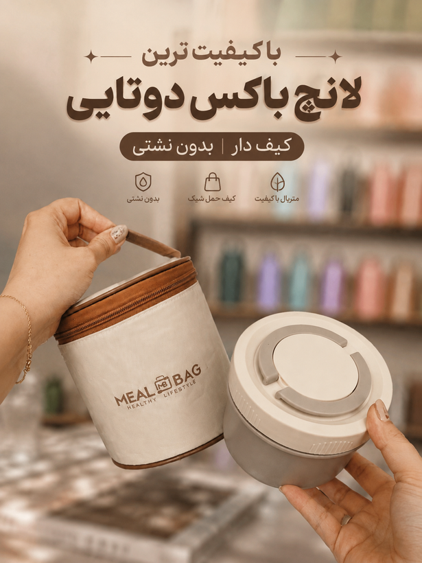 لانچ باکس استیل دو عددی گرد کیف دار بدون نشتی